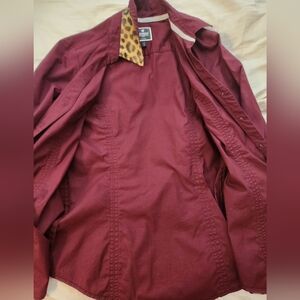 Burgundy Button Up Blouse with Leopard Print Collar And Sleeves